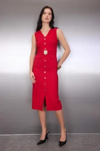 TRENDYOLMİLLA Rejection Arched Plain Accessory Detailed Midi Weaving Dress