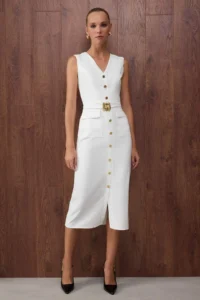 TRENDYOLMİLLA Special Collection White Lined Arched Plain Accessory Detailed Midi Weaving Dress