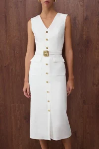TRENDYOLMİLLA Special Collection White Lined Arched Plain Accessory Detailed Midi Weaving Dress - Image 3