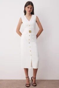 TRENDYOLMİLLA Special Collection White Lined Arched Plain Accessory Detailed Midi Weaving Dress - Image 6