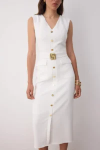 TRENDYOLMİLLA Special Collection White Lined Arched Plain Accessory Detailed Midi Weaving Dress - Image 7