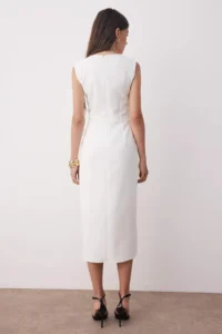 TRENDYOLMİLLA Special Collection White Lined Arched Plain Accessory Detailed Midi Weaving Dress - Image 8