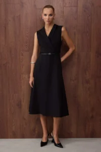 TRENDYOLMİLLA Special Collection Black Belt Detailed Midi Weaving Dress