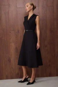 TRENDYOLMİLLA Special Collection Black Belt Detailed Midi Weaving Dress - Image 2