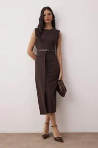 TRENDYOLMİLLA Brown Belt Detailed Weaving Midi Dress - Image 2