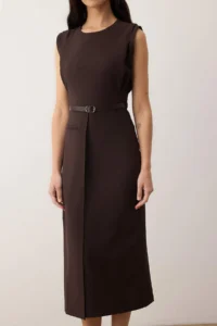 TRENDYOLMİLLA Brown Belt Detailed Weaving Midi Dress - Image 3