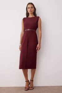 TRENDYOLMİLLA Burgundy Belt Detailed Weaving Midi Dress - Image 2