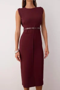 TRENDYOLMİLLA Burgundy Belt Detailed Weaving Midi Dress - Image 3