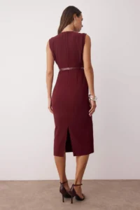 TRENDYOLMİLLA Burgundy Belt Detailed Weaving Midi Dress - Image 4