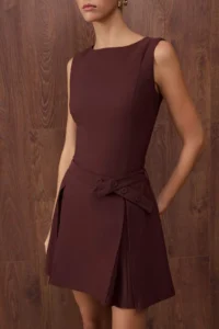 TRENDYOLMİLLA Special Collection Brown Belt pleated Mini Weaving Dress - Image 3