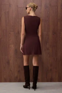 TRENDYOLMİLLA Special Collection Brown Belt pleated Mini Weaving Dress - Image 4
