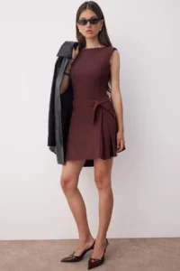TRENDYOLMİLLA Special Collection Brown Belt pleated Mini Weaving Dress - Image 5