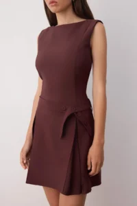 TRENDYOLMİLLA Special Collection Brown Belt pleated Mini Weaving Dress - Image 7