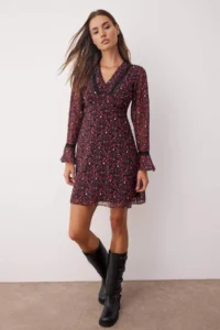 TRENDYOLMİLLA Burgundy Floral Accessory Detailed Short / Mini Lined Siphon Weaving Dress - Image 3