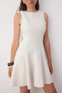 TRENDYOLMİLLA Beige Crew Neck Premium Tweed Material Godeli Mini Weaving Dress - Image 3
