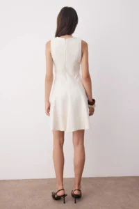 TRENDYOLMİLLA Beige Crew Neck Premium Tweed Material Godeli Mini Weaving Dress - Image 4