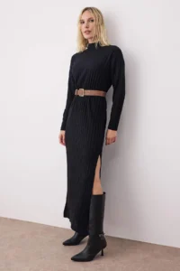TRENDYOLMİLLA Black Plain Midi Slit Detailed Arched Knitwear LONG Dress