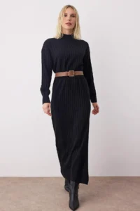 TRENDYOLMİLLA Black Plain Midi Slit Detailed Arched Knitwear LONG Dress - Image 2
