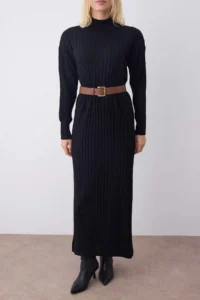 TRENDYOLMİLLA Black Plain Midi Slit Detailed Arched Knitwear LONG Dress - Image 3