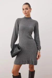 TRENDYOLMİLLA Anthracite Plain Short / Mini Frilly Dog collar Knit Dress