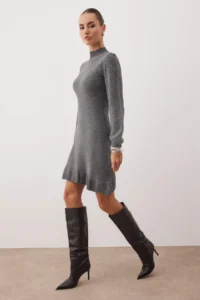 TRENDYOLMİLLA Anthracite Plain Short / Mini Frilly Dog collar Knit Dress - Image 2