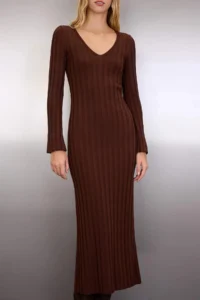 TRENDYOLMİLLA Brown Plain V-neck Detailed Maxi Knitwear LONG Dress - Image 3