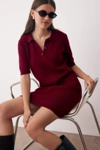 TRENDYOLMİLLA Burgundy Color Bloklu Short / Mini Polo Shirt Collar Knit Dress