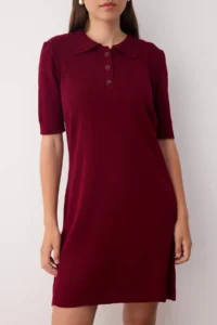 TRENDYOLMİLLA Burgundy Color Bloklu Short / Mini Polo Shirt Collar Knit Dress - Image 3