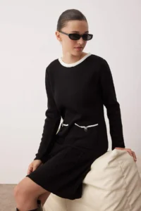 TRENDYOLMİLLA Black Color Bloklu Ekstra Short / Super Mini Knit Dress
