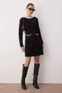 TRENDYOLMİLLA Black Color Bloklu Ekstra Short / Super Mini Knit Dress - Image 2