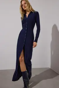 TRENDYOLMİLLA Navy Blue Polo Shirt Collar buttoned Fitted Maxi Knitting Shirt Dress - Image 2