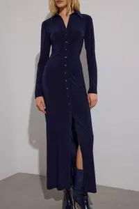 TRENDYOLMİLLA Navy Blue Polo Shirt Collar buttoned Fitted Maxi Knitting Shirt Dress - Image 3