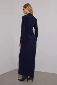TRENDYOLMİLLA Navy Blue Polo Shirt Collar buttoned Fitted Maxi Knitting Shirt Dress - Image 4