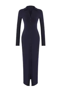 TRENDYOLMİLLA Navy Blue Polo Shirt Collar buttoned Fitted Maxi Knitting Shirt Dress - Image 5
