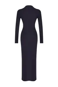TRENDYOLMİLLA Navy Blue Polo Shirt Collar buttoned Fitted Maxi Knitting Shirt Dress - Image 6