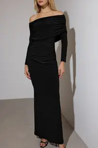 TRENDYOLMİLLA Black Shirred Carmen Collar Flexible Maxi Knitting Dress - Image 3