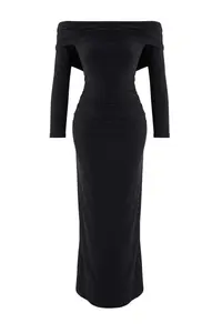 TRENDYOLMİLLA Black Shirred Carmen Collar Flexible Maxi Knitting Dress - Image 4