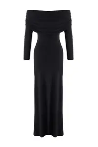 TRENDYOLMİLLA Black Shirred Carmen Collar Flexible Maxi Knitting Dress - Image 6