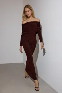 TRENDYOLMİLLA Brown Shirred Carmen Collar Flexible Maxi Knitting Dress
