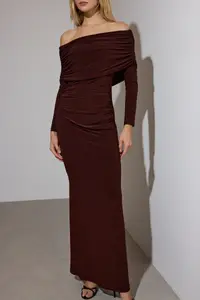 TRENDYOLMİLLA Brown Shirred Carmen Collar Flexible Maxi Knitting Dress - Image 3