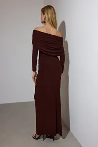 TRENDYOLMİLLA Brown Shirred Carmen Collar Flexible Maxi Knitting Dress - Image 4