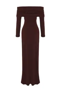 TRENDYOLMİLLA Brown Shirred Carmen Collar Flexible Maxi Knitting Dress - Image 6