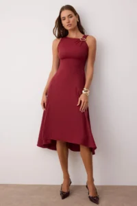 TRENDYOLMİLLA Burgundy Plain Accessory Detailed Midi Weaving Dress