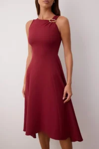 TRENDYOLMİLLA Burgundy Plain Accessory Detailed Midi Weaving Dress - Image 3