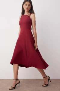 TRENDYOLMİLLA Burgundy Plain Accessory Detailed Midi Weaving Dress - Image 5