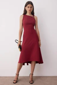 TRENDYOLMİLLA Burgundy Plain Accessory Detailed Midi Weaving Dress - Image 6