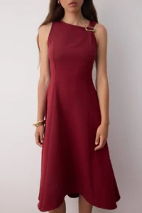 TRENDYOLMİLLA Burgundy Plain Accessory Detailed Midi Weaving Dress - Image 7