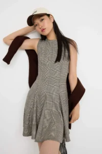 TRENDYOLMİLLA Teen Gray Plaid / Checkered Godeli Short / Mini Weaving Dress