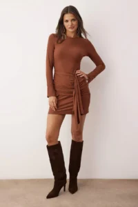 TRENDYOLMİLLA Dark Brown Ruffle/Drape Detailed Bodycon Mini Soft Fabric Flexible Knitting Dress