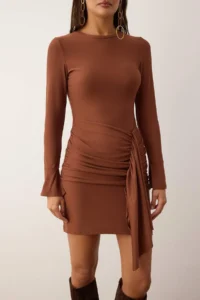 TRENDYOLMİLLA Dark Brown Ruffle/Drape Detailed Bodycon Mini Soft Fabric Flexible Knitting Dress - Image 3